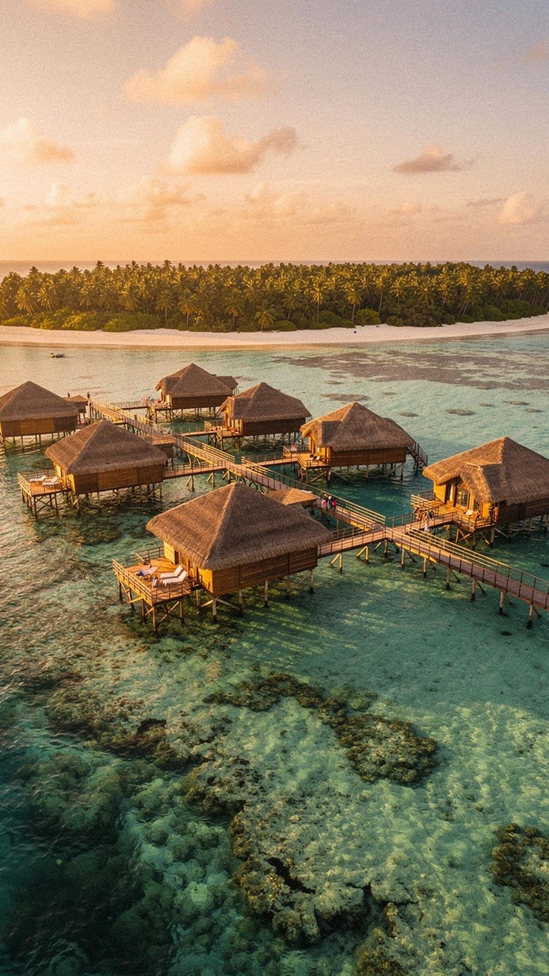 Overwater villas above a turquoise Maldives lagoon at dusk